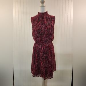 NEW Nine West Red Chiffon Mock Neck Dress Size L Flare Hem Flirty Romantic